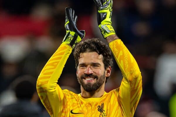 GIRONA, SPAIN - Tuesday, December 10, 2024: Liverpool's goalkeeper Alisson Becker celebrates after during the UEFA Champions League Matchday 6 game between Girona FC and Liverpool FC at the Estadi Montilivi. (Photo by David Rawcliffe/Propaganda)