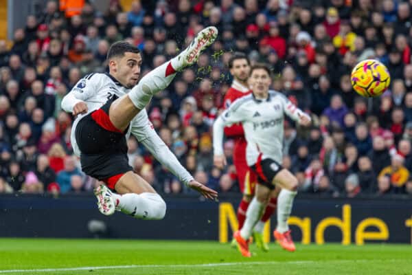 LIVERPOOL, ENGLAND - Saturday, December 14, 2024: Fulham's Andreas Pereira scores the opening goal during the FA Premier League match between Liverpool FC and Fulham FC at Anfield. (Photo by David Rawcliffe/Propaganda)