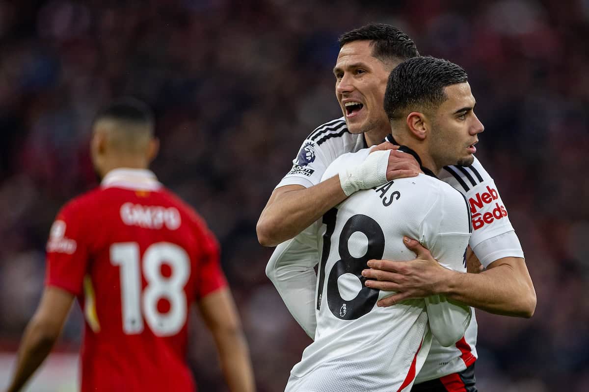 LIVERPOOL, ENGLAND - Saturday, December 14, 2024: Fulham's Andreas Pereira (#18) celebrates with team-mate Saša Luki? after scoring the opening goal during the FA Premier League match between Liverpool FC and Fulham FC at Anfield. (Photo by David Rawcliffe/Propaganda)