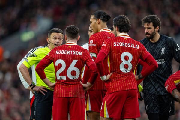 LIVERPOOL, ENGLAND - Saturday, December 14, 2024: Referee Tony Harrington speaks to Liverpool's Andy Robertson after showing him a red card and sending him off during the FA Premier League match between Liverpool FC and Fulham FC at Anfield. (Photo by David Rawcliffe/Propaganda)