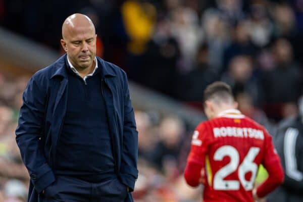 LIVERPOOL, ENGLAND - Saturday, December 14, 2024: Liverpool's Arne Slot looks on as Andy Robertson walks off after being shown a red card and sent off during the FA Premier League match between Liverpool FC and Fulham FC at Anfield. (Photo by David Rawcliffe/Propaganda)