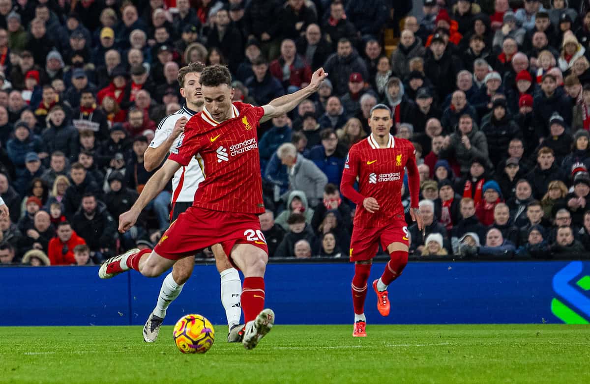 LIVERPOOL, ENGLAND - Saturday, December 14, 2024: Liverpool's Diogo Jota scores hi sside's second equalising goal during the FA Premier League match between Liverpool FC and Fulham FC at Anfield. (Photo by David Rawcliffe/Propaganda)