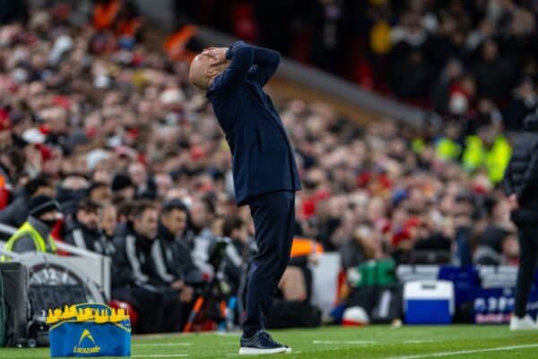 LIVERPOOL, ENGLAND - Saturday, December 14, 2024: Liverpool's head coach Arne Slot reacts during the FA Premier League match between Liverpool FC and Fulham FC at Anfield. (Photo by David Rawcliffe/Propaganda)