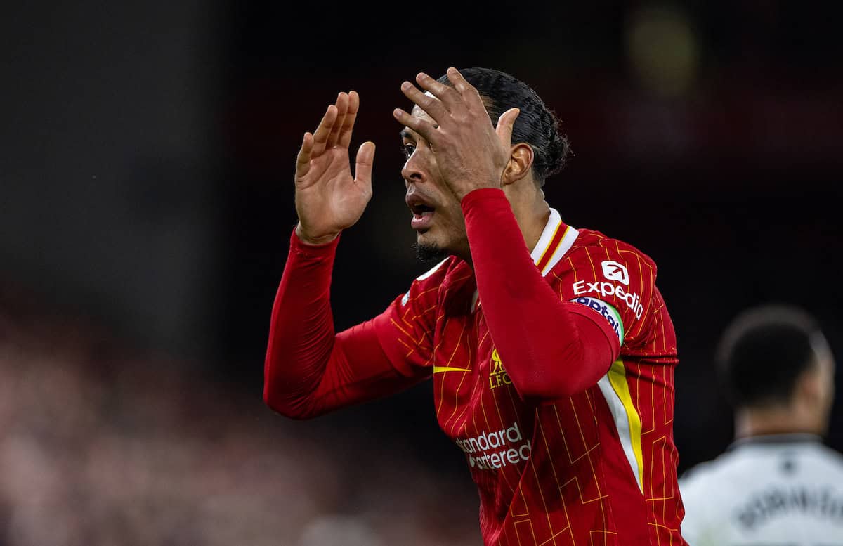 LIVERPOOL, ENGLAND - Saturday, December 14, 2024: Liverpool's captain Virgil van Dijk reacts during the FA Premier League match between Liverpool FC and Fulham FC at Anfield. (Photo by David Rawcliffe/Propaganda)