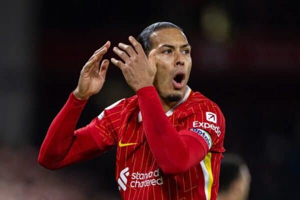 LIVERPOOL, ENGLAND - Saturday, December 14, 2024: Liverpool's captain Virgil van Dijk reacts during the FA Premier League match between Liverpool FC and Fulham FC at Anfield. (Photo by David Rawcliffe/Propaganda)