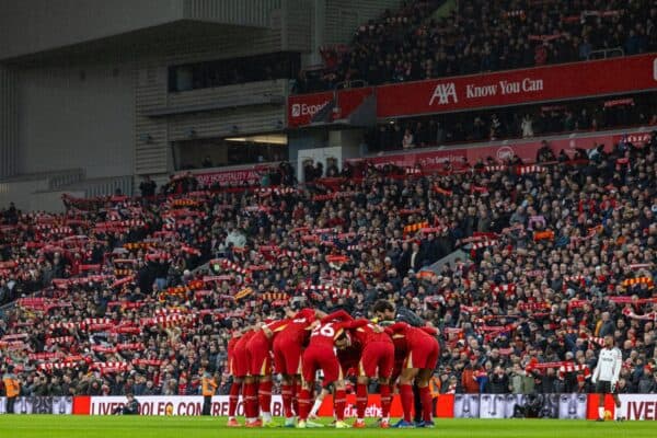 LIVERPOOL, ENGLAND - Saturday, December 14, 2024: Liverpool' players form a pre-match huddle before the FA Premier League match between Liverpool FC and Fulham FC at Anfield. (Photo by David Rawcliffe/Propaganda)