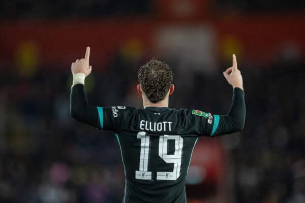 SOUTHAMPTON, ENGLAND - Tuesday 17 December 2024: Liverpool's Harvey Elliott celebrates after scoring the second goal during the Football League Cup quarter final match between Southampton FC and Liverpool FC at St Mary's Stadium. (Photo by David Rawcliffe/Propaganda)