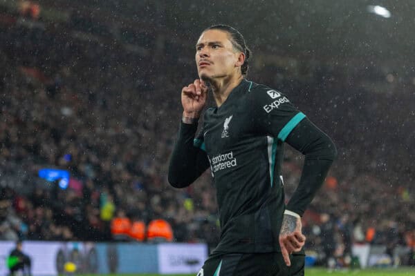 SOUTHAMPTON, ENGLAND - Tuesday, December 17, 2024: Liverpool's Darwin Núñez celebrates after scoring the opening goal during the Football League Cup Quarter-Final match between Southampton FC and Liverpool FC at St Mary's Stadium. (Photo by David Rawcliffe/Propaganda)