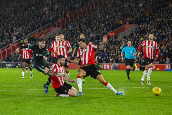  Liverpool's Harvey Elliott scores the second goal during the Football League Cup Quarter-Final match between Southampton FC and Liverpool FC at St Mary's Stadium. (Photo by David Rawcliffe/Propaganda)