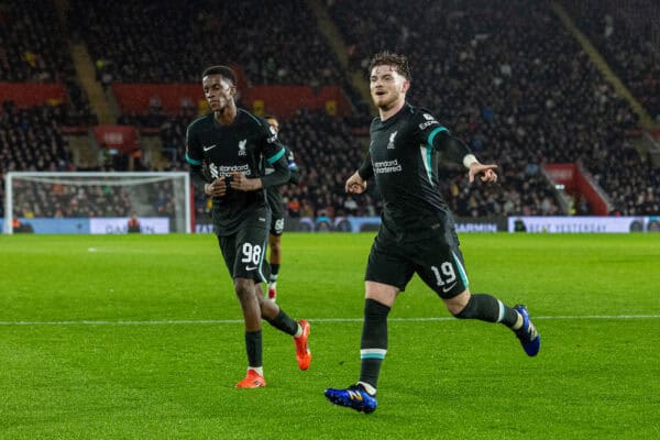 SOUTHAMPTON, ENGLAND - Tuesday, December 17, 2024: Liverpool's Harvey Elliott celebrates after scoring the second goal during the Football League Cup Quarter-Final match between Southampton FC and Liverpool FC at St Mary's Stadium. (Photo by David Rawcliffe/Propaganda)