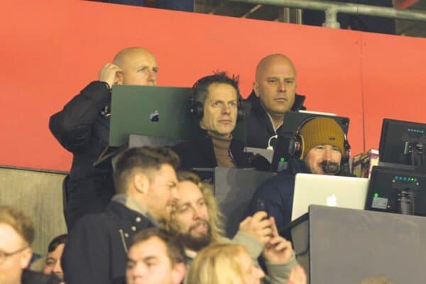 SOUTHAMPTON, ENGLAND - Tuesday, December 17, 2024: Liverpool's head coach Arne Slot looks on from the press box during the Football League Cup Quarter-Final match between Southampton FC and Liverpool FC at St Mary's Stadium. (Photo by David Rawcliffe/Propaganda)