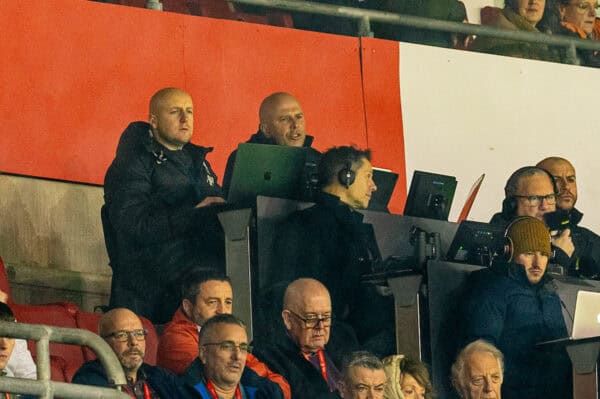 SOUTHAMPTON, ENGLAND - Tuesday, December 17, 2024: Liverpool's head coach Arne Slot looks on from the press box during the Football League Cup Quarter-Final match between Southampton FC and Liverpool FC at St Mary's Stadium. (Photo by David Rawcliffe/Propaganda)