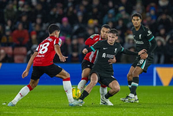 SOUTHAMPTON, ENGLAND - Tuesday 17 December 2024: Liverpool's Tyler Morton during the Football League Cup quarter final match between Southampton FC and Liverpool FC at St Mary's Stadium. (Photo by David Rawcliffe/Propaganda)