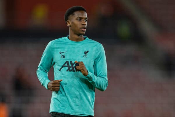 SOUTHAMPTON, ENGLAND - Tuesday, December 17, 2024: Liverpool's Trey Nyoni during the pre-match warm-up before the Football League Cup Quarter-Final match between Southampton FC and Liverpool FC at St Mary's Stadium. (Photo by David Rawcliffe/Propaganda)