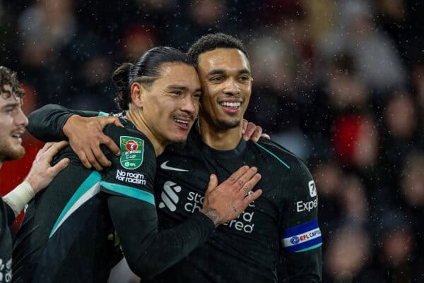 SOUTHAMPTON, ENGLAND - Tuesday, December 17, 2024: Liverpool's Darwin Núñez (L) celebrates with team-mate Trent Alexander-Arnold after scoring the opening goal during the Football League Cup Quarter-Final match between Southampton FC and Liverpool FC at St Mary's Stadium. (Photo by David Rawcliffe/Propaganda)