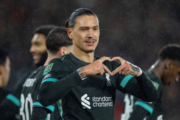 SOUTHAMPTON, ENGLAND - Tuesday, December 17, 2024: Liverpool's Darwin Núñez celebrates after scoring the opening goal during the Football League Cup Quarter-Final match between Southampton FC and Liverpool FC at St Mary's Stadium. (Photo by David Rawcliffe/Propaganda)