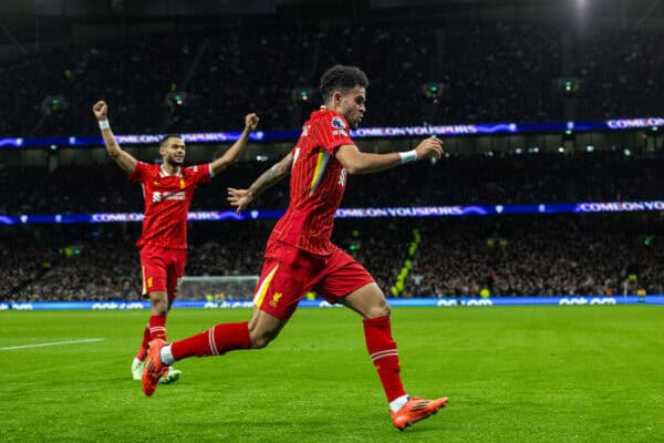 LONDON, ENGLAND - Sunday, December 22, 2024: Liverpool's Luis Díaz celebrates after scoring the first goal with a diving header during the FA Premier League match between Tottenham Hotspur FC and Liverpool FC at the Tottenham Hotspur Stadium. (Photo by David Rawcliffe/Propaganda)