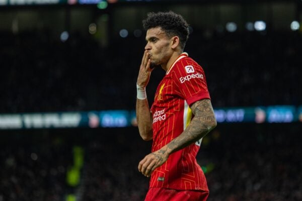 LONDON, ENGLAND - Sunday, December 22, 2024: Liverpool's Luis Díaz celebrates after scoring the first goal with a diving header during the FA Premier League match between Tottenham Hotspur FC and Liverpool FC at the Tottenham Hotspur Stadium. (Photo by David Rawcliffe/Propaganda)