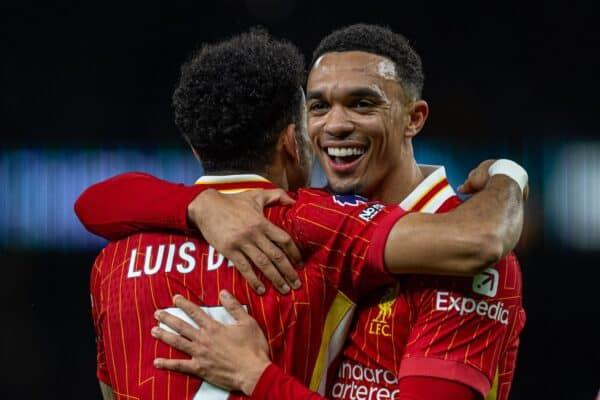 LONDON, ENGLAND - Sunday, December 22, 2024: Liverpool's Luis Díaz celebrates with team-mate Trent Alexander-Arnold (R) after scoring the first goal with a diving header during the FA Premier League match between Tottenham Hotspur FC and Liverpool FC at the Tottenham Hotspur Stadium. (Photo by David Rawcliffe/Propaganda)