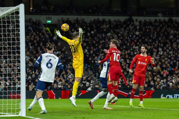 LONDON, ENGLAND - Sunday, December 22, 2024: Liverpool's Alexis Mac Allister scores the second goal with a header during the FA Premier League match between Tottenham Hotspur FC and Liverpool FC at the Tottenham Hotspur Stadium. (Photo by David Rawcliffe/Propaganda)