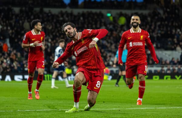 LONDON, ENGLAND - Sunday, December 22, 2024: Liverpool's Dominik Szoboszlai celebrates after scoring his side's third goal during the FA Premier League match between Tottenham Hotspur FC and Liverpool FC at the Tottenham Hotspur Stadium. (Photo by David Rawcliffe/Propaganda)