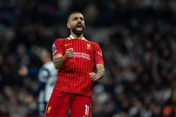 LONDON, ENGLAND - Sunday, December 22, 2024: Liverpool's Mohamed Salah celebrates after scoring his side's fourth goal during the FA Premier League match between Tottenham Hotspur FC and Liverpool FC at the Tottenham Hotspur Stadium. (Photo by David Rawcliffe/Propaganda)