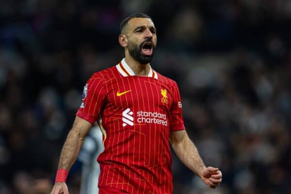 LONDON, ENGLAND - Sunday, December 22, 2024: Liverpool's Mohamed Salah celebrates after scoring his side's fourth goal during the FA Premier League match between Tottenham Hotspur FC and Liverpool FC at the Tottenham Hotspur Stadium. (Photo by David Rawcliffe/Propaganda)