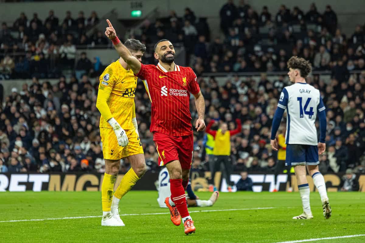 LONDON, ENGLAND - Sunday, December 22, 2024: Liverpool's Mohamed Salah celebrates after scoring his side's fifth goal during the FA Premier League match between Tottenham Hotspur FC and Liverpool FC at the Tottenham Hotspur Stadium. (Photo by David Rawcliffe/Propaganda)