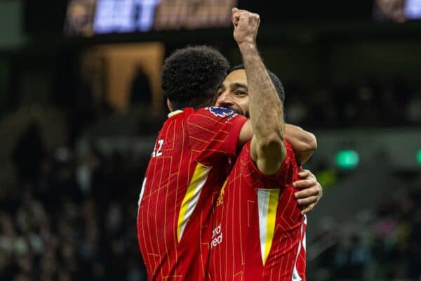 LONDON, ENGLAND - Sunday, December 22, 2024: Liverpool's Mohamed Salah celebrates after scoring his side's fifth goal during the FA Premier League match between Tottenham Hotspur FC and Liverpool FC at the Tottenham Hotspur Stadium. (Photo by David Rawcliffe/Propaganda)