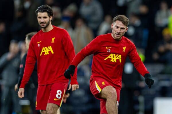 LONDON, ENGLAND - Sunday, December 22, 2024: Liverpool's Alexis Mac Allister (R) and Dominik Szoboszlai during the pre-match warm-up before the FA Premier League match between Tottenham Hotspur FC and Liverpool FC at the Tottenham Hotspur Stadium. (Photo by David Rawcliffe/Propaganda)