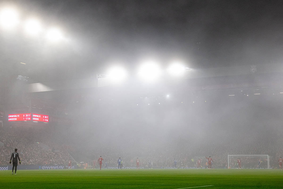 LIVERPOOL, ENGLAND - Saturday, December 14, 2024: Fog descends during the FA Premier League match between Liverpool FC and Fulham FC at Anfield. (Photo by David Rawcliffe/Propaganda)