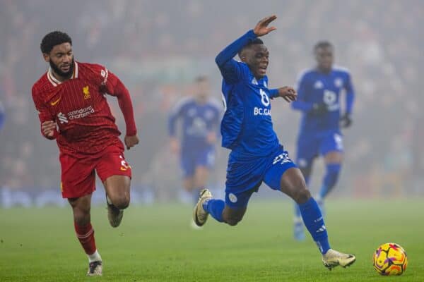 LIVERPOOL, ENGLAND - Saturday, December 14, 2024: Leicester City's Patson Daka (R) goes down under no pressure from Liverpool's Joe Gomez during the FA Premier League match between Liverpool FC and Fulham FC at Anfield. (Photo by David Rawcliffe/Propaganda)