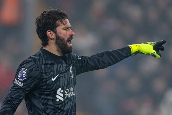 LIVERPOOL, ENGLAND - Saturday, December 14, 2024: Liverpool's goalkeeper Alisson Becker during the FA Premier League match between Liverpool FC and Fulham FC at Anfield. (Photo by David Rawcliffe/Propaganda)