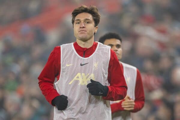 LIVERPOOL, ENGLAND - Saturday, December 14, 2024: Liverpool's substitute Federico Chiesa warms-up during the FA Premier League match between Liverpool FC and Fulham FC at Anfield. (Photo by David Rawcliffe/Propaganda)