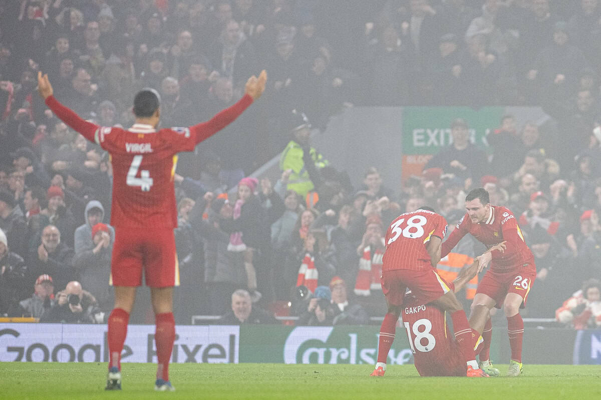 LIVERPOOL, ENGLAND - Saturday, December 14, 2024: Liverpool's Cody Gakpo celebrates after scoring his side's first equalising goal during the FA Premier League match between Liverpool FC and Fulham FC at Anfield. (Photo by David Rawcliffe/Propaganda)