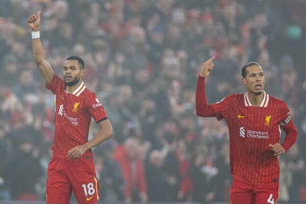 LIVERPOOL, ENGLAND - Saturday, December 14, 2024: Liverpool's Cody Gakpo celebrates after scoring his side's first equalising goal during the FA Premier League match between Liverpool FC and Fulham FC at Anfield. (Photo by David Rawcliffe/Propaganda)