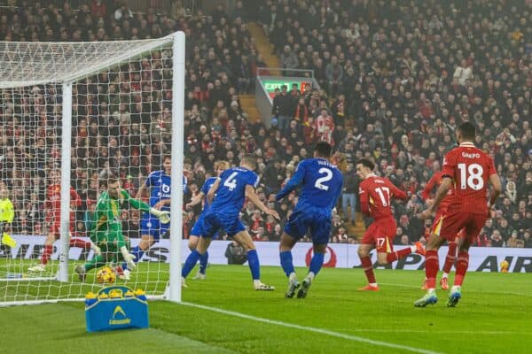 LIVERPOOL, ENGLAND - Saturday, December 14, 2024: Liverpool's Curtis Jones scores his side's second goal during the FA Premier League match between Liverpool FC and Fulham FC at Anfield. (Photo by David Rawcliffe/Propaganda)