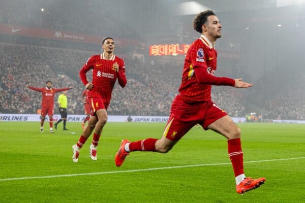 LIVERPOOL, ENGLAND - Saturday, December 14, 2024: Liverpool's Curtis Jones celebrates after scoring his side's second goal during the FA Premier League match between Liverpool FC and Fulham FC at Anfield. (Photo by David Rawcliffe/Propaganda)