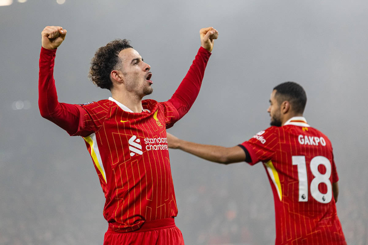 LIVERPOOL, ENGLAND - Saturday, December 14, 2024: Liverpool's Curtis Jones celebrates after scoring his side's second goal during the FA Premier League match between Liverpool FC and Fulham FC at Anfield. (Photo by David Rawcliffe/Propaganda)