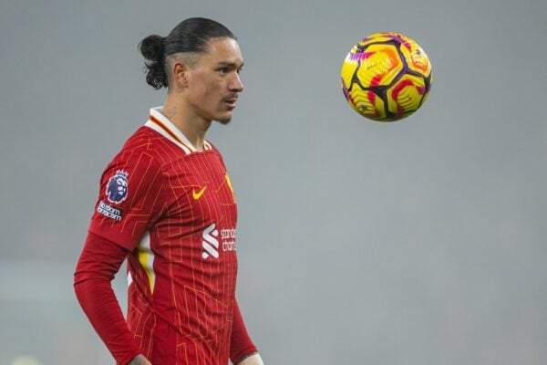 LIVERPOOL, ENGLAND - Saturday, December 14, 2024: Liverpool's Darwin Núñez during the FA Premier League match between Liverpool FC and Fulham FC at Anfield. (Photo by David Rawcliffe/Propaganda)