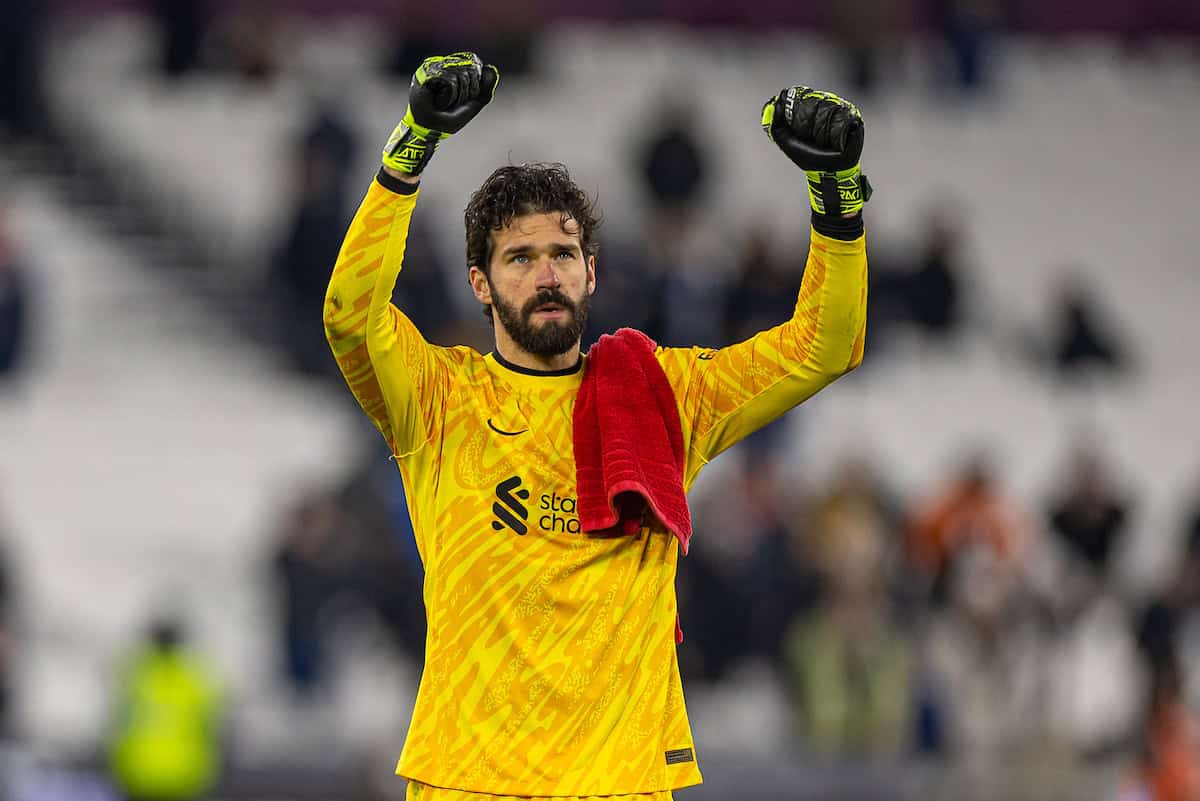 LONDON, ENGLAND - Sunday, December 29, 2024: Liverpool's goalkeeper Alisson Becker celebrates after the FA Premier League match between West Ham United FC and Liverpool FC at the London Stadium. Liverpool won 5-0. (Photo by David Rawcliffe/Propaganda)