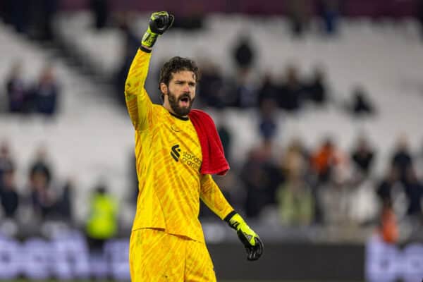 LONDON, ENGLAND - Sunday, December 29, 2024: Liverpool's goalkeeper Alisson Becker celebrates after the FA Premier League match between West Ham United FC and Liverpool FC at the London Stadium. Liverpool won 5-0. (Photo by David Rawcliffe/Propaganda)