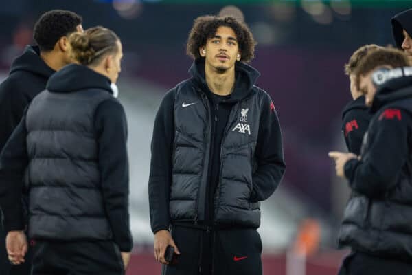 LONDON, ENGLAND - Sunday, December 29, 2024: Liverpool's Jayden Danns before the FA Premier League match between West Ham United FC and Liverpool FC at the London Stadium. (Photo by David Rawcliffe/Propaganda)