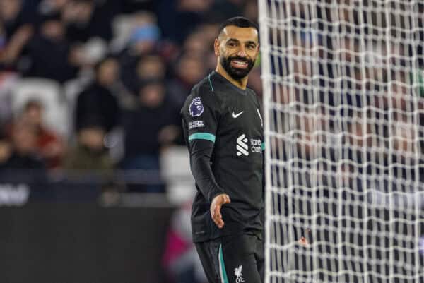 LONDON, ENGLAND - Sunday, December 29, 2024: Liverpool's Mohamed Salah reacts after missing a chance during the FA Premier League match between West Ham United FC and Liverpool FC at the London Stadium. (Photo by David Rawcliffe/Propaganda)