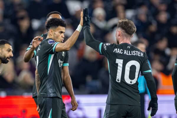 LONDON, ENGLAND - Sunday, December 29, 2024: Liverpool's Luis Díaz celebrates after scoring the first goal during the FA Premier League match between West Ham United FC and Liverpool FC at the London Stadium. (Photo by David Rawcliffe/Propaganda)