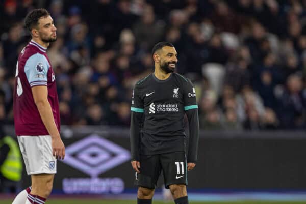 LONDON, ENGLAND - Sunday, December 29, 2024: Liverpool's Mohamed Salah celebrates after scoring the third goal, his 20th league goal of the season, during the FA Premier League match between West Ham United FC and Liverpool FC at the London Stadium. (Photo by David Rawcliffe/Propaganda)