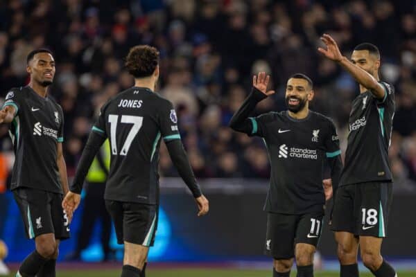 LONDON, ENGLAND - Sunday, December 29, 2024: Liverpool's Mohamed Salah celebrates after scoring the third goal, his 20th league goal of the season, during the FA Premier League match between West Ham United FC and Liverpool FC at the London Stadium. (Photo by David Rawcliffe/Propaganda)