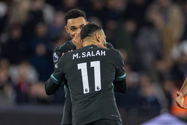 LONDON, ENGLAND - Sunday, December 29, 2024: Liverpool's Mohamed Salah (R) celebrates with team-mate Trent Alexander-Arnold after scoring the third goal, his 20th league goal of the season, during the FA Premier League match between West Ham United FC and Liverpool FC at the London Stadium. (Photo by David Rawcliffe/Propaganda)