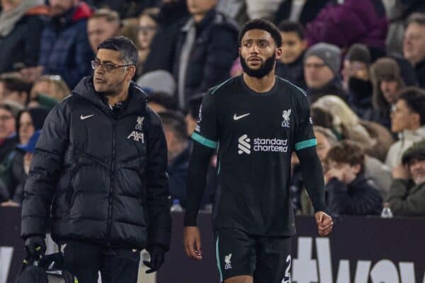 LONDON, ENGLAND - Sunday, December 29, 2024: Liverpool's Joe Gomez walks off with an injury during the FA Premier League match between West Ham United FC and Liverpool FC at the London Stadium. (Photo by David Rawcliffe/Propaganda)