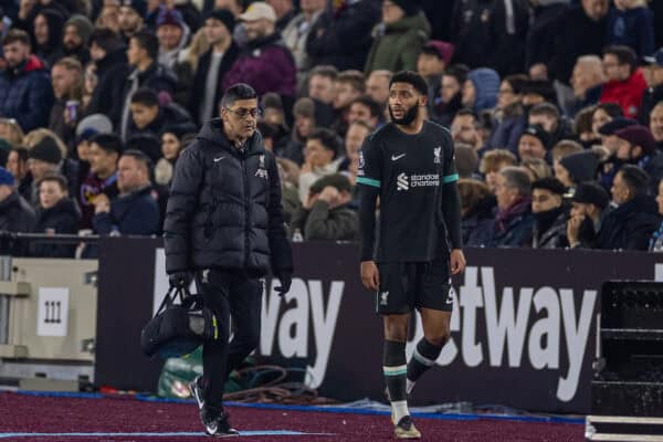 LONDON, ENGLAND - Sunday, December 29, 2024: Liverpool's Joe Gomez walks off with an injury during the FA Premier League match between West Ham United FC and Liverpool FC at the London Stadium. (Photo by David Rawcliffe/Propaganda)